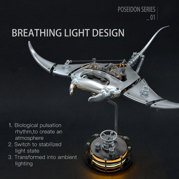 Mechanical Manta Ray 3D Metal Assembly Model with Lights