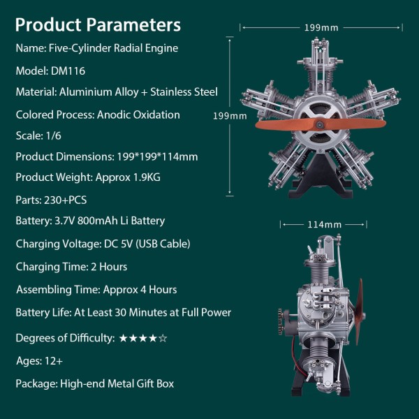 TECHING 1/6 Five-Cylinder Radial Engine Model Kit – 230+ Pieces TECHING 1/6 Five-Cylinder Radial Engine Model Kit – 230+ Pieces
