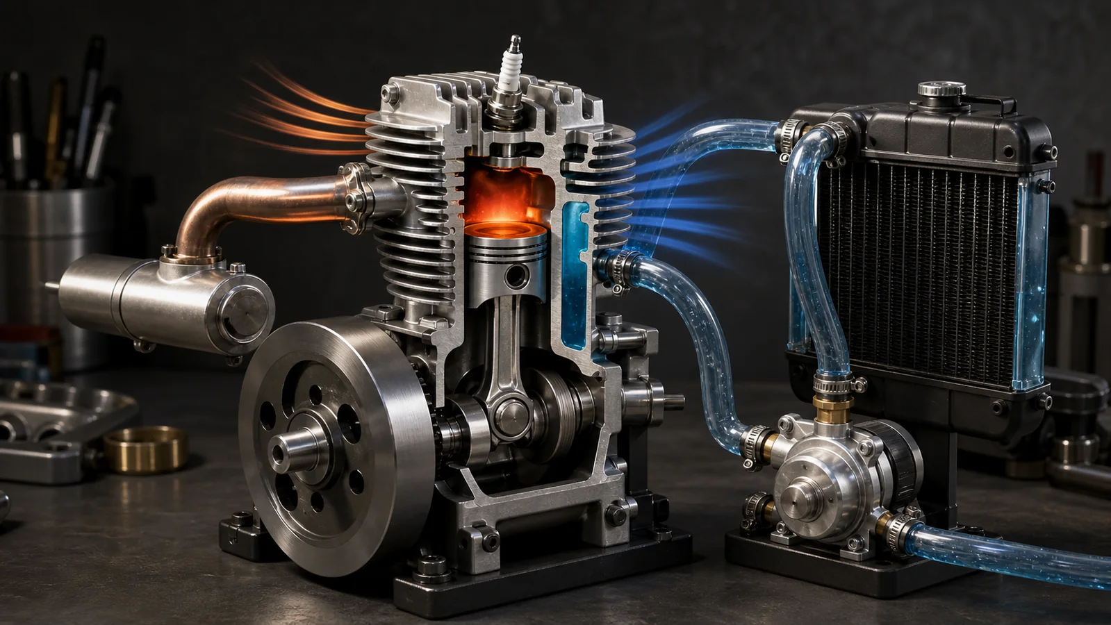 Cutaway miniature model engine showing cylinder fins, water jacket, pump and radiator cooling loop