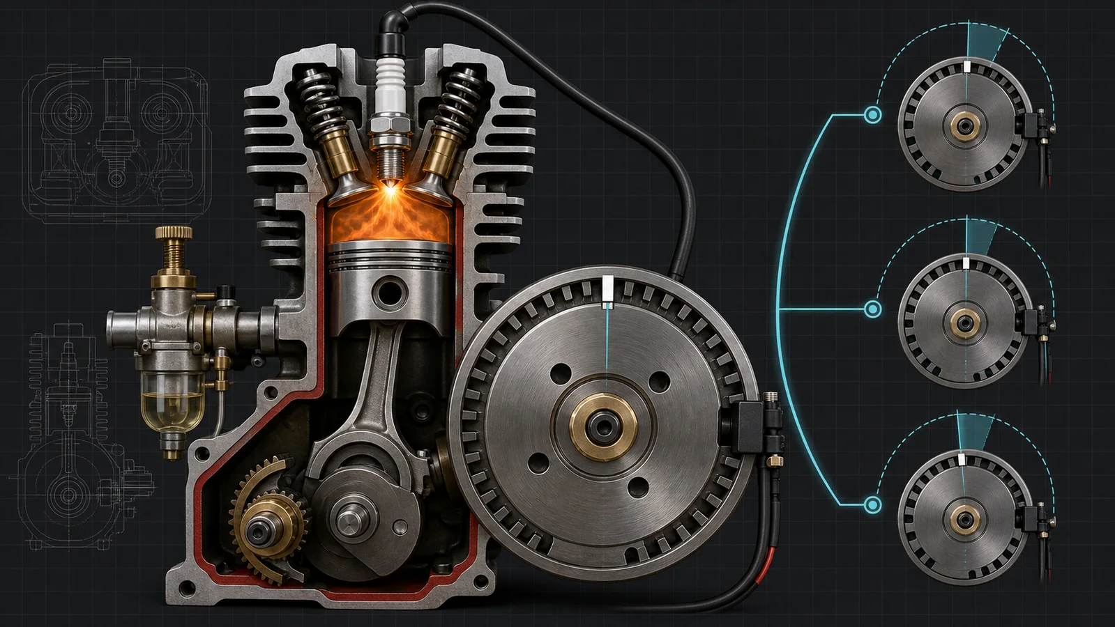 Cutaway miniature gasoline engine at compression top dead center with spark plug, flywheel timing mark and Hall sensor