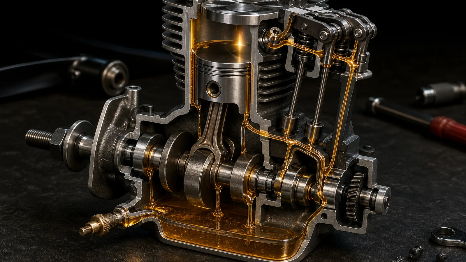 Cutaway miniature four-stroke model engine showing oil film paths at the crankshaft, cylinder, camshaft and rocker gear