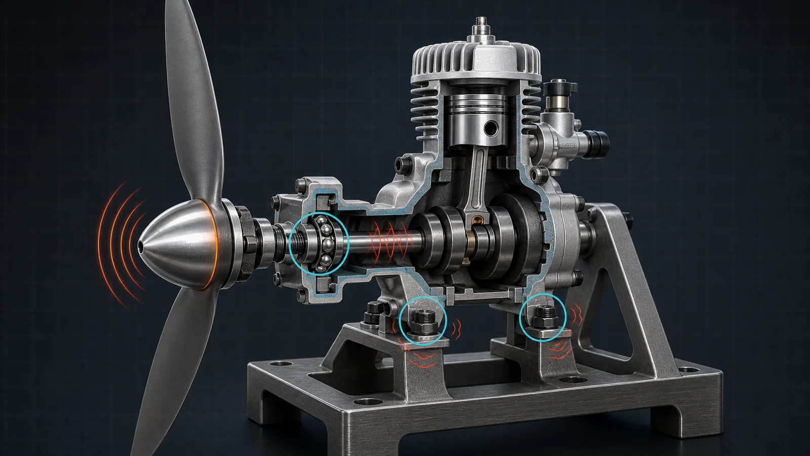 Cutaway model engine highlighting propeller imbalance, front-bearing runout and loose mounting points as vibration sources
