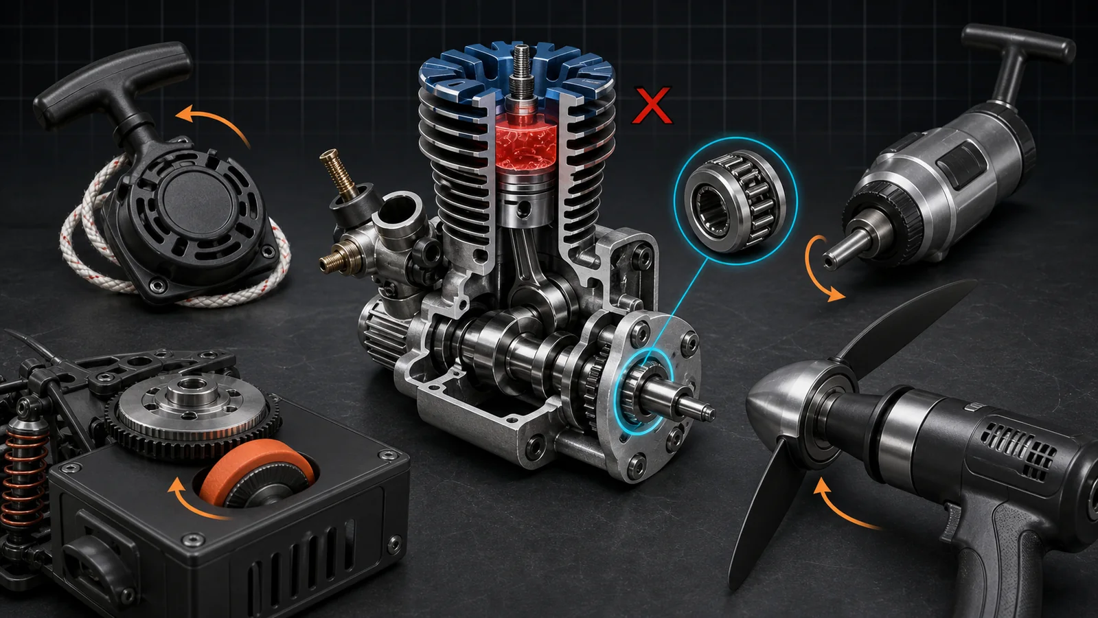Cutaway model engine comparing pull start, shaft starter, starter box and electric cone starter with the one-way bearing highlighted