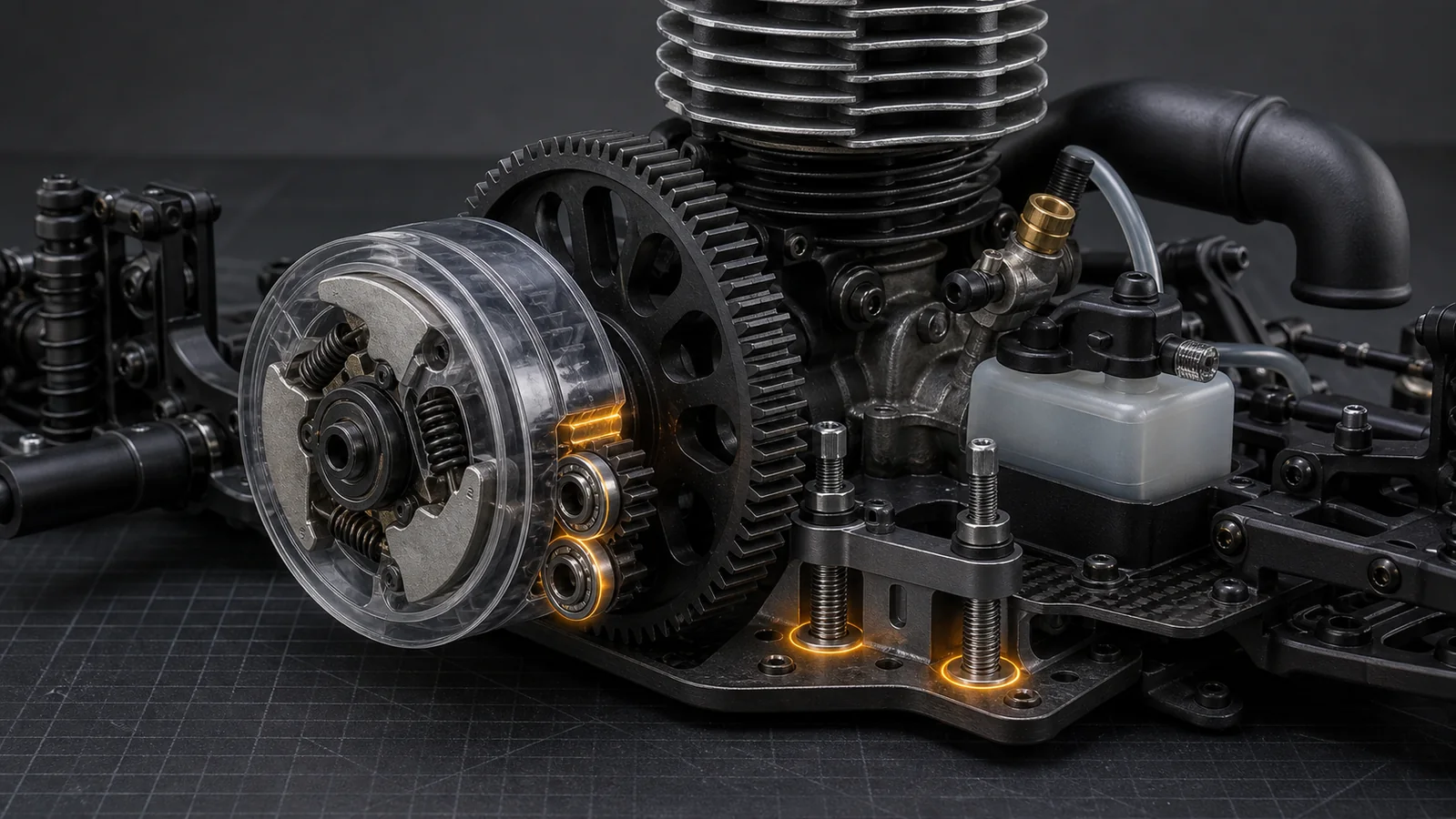 Cutaway nitro RC drivetrain showing centrifugal clutch shoes, clutch bell bearings, spur gear mesh and adjustable engine mount