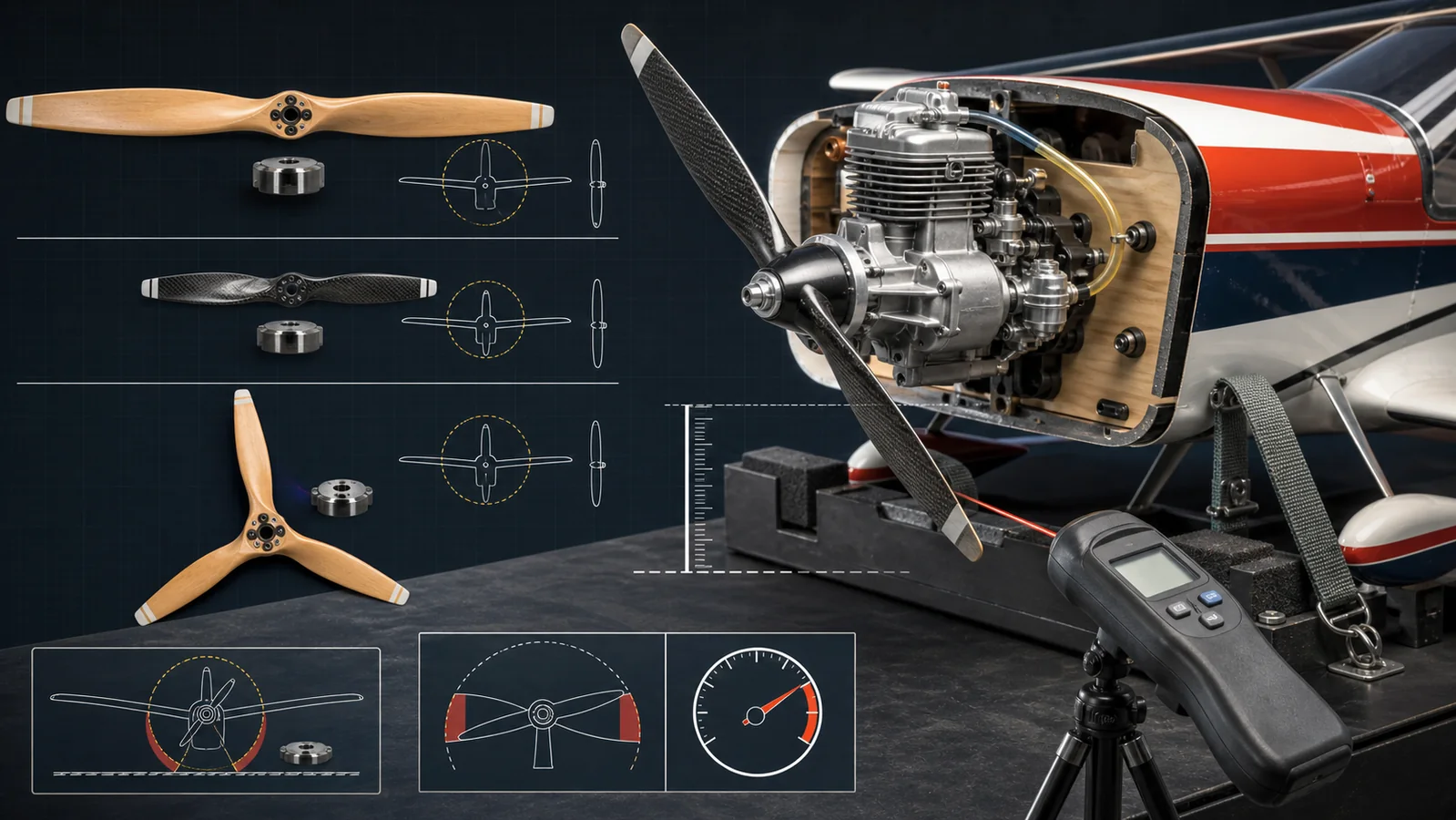 Restrained fuel model airplane with four-stroke engine, two-blade and three-blade propeller choices, ground-clearance check and optical tachometer