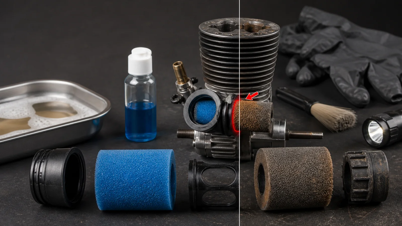 Clean and dust-loaded nitro RC foam air filters beside a carburetor, filter oil and washing tray