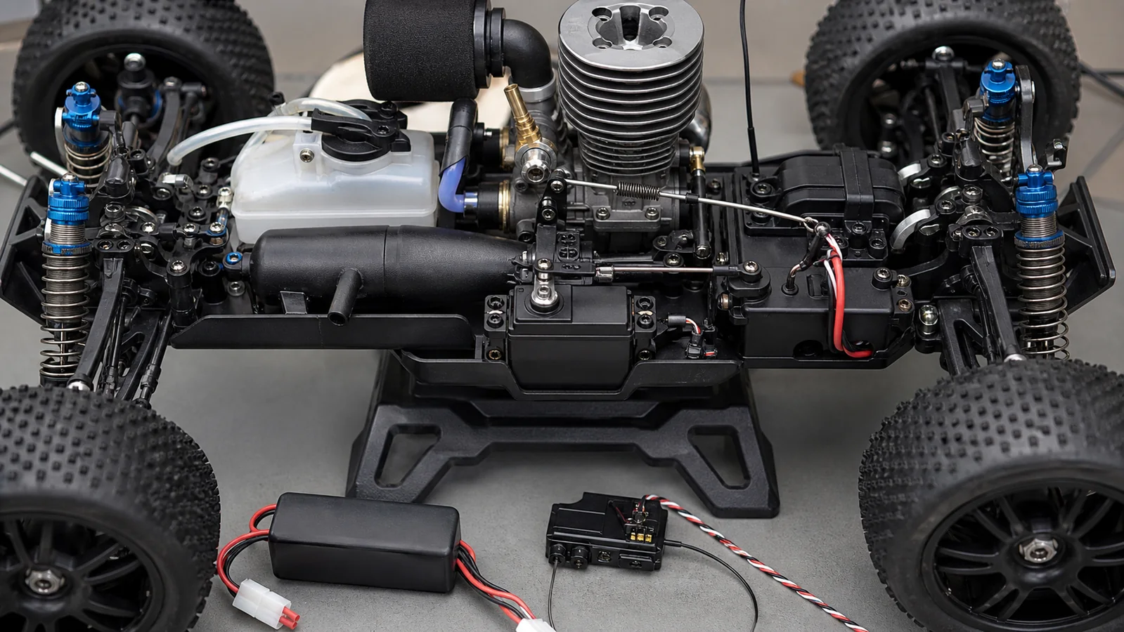 Nitro RC throttle and brake linkage, servo, return spring and receiver battery arranged for a safe setup inspection