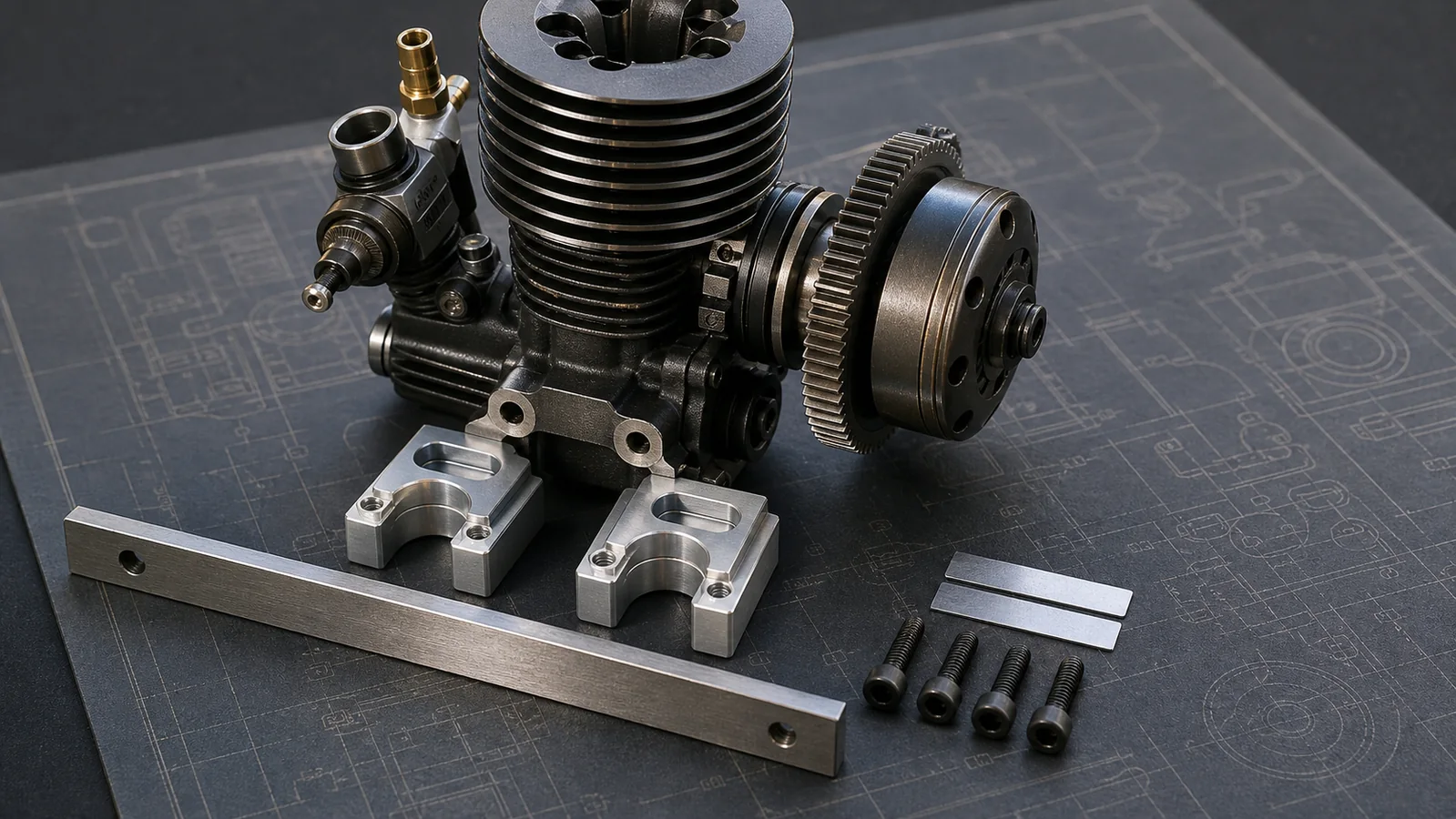 Nitro RC engine on split aluminum mounts with mounting lugs, alignment straightedge, thin approved shims and clutch bell shown before final tightening