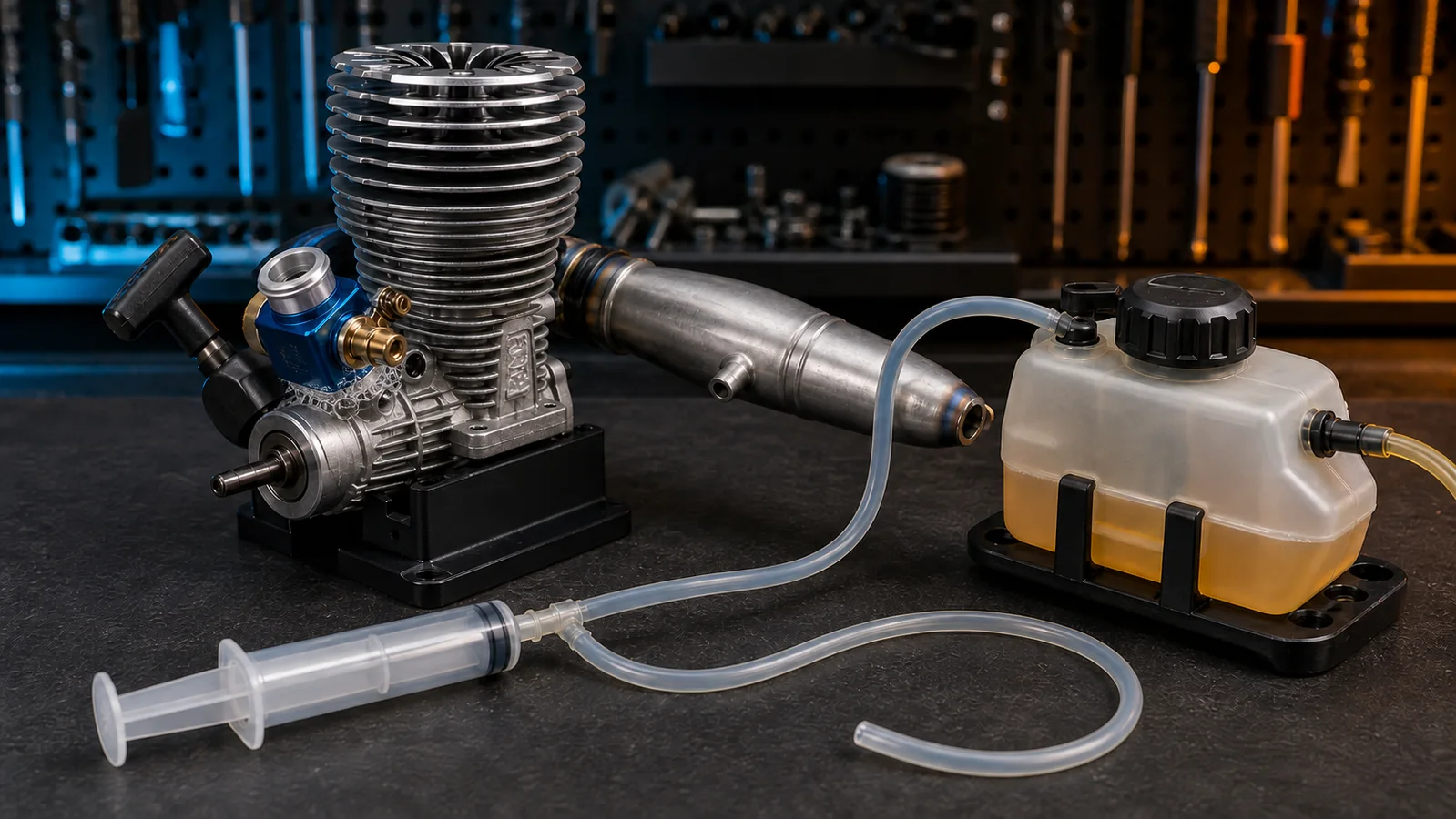 Nitro RC engine, fuel tank and exhaust arranged for a low-pressure air-leak test with bubbles at the carburetor base seal