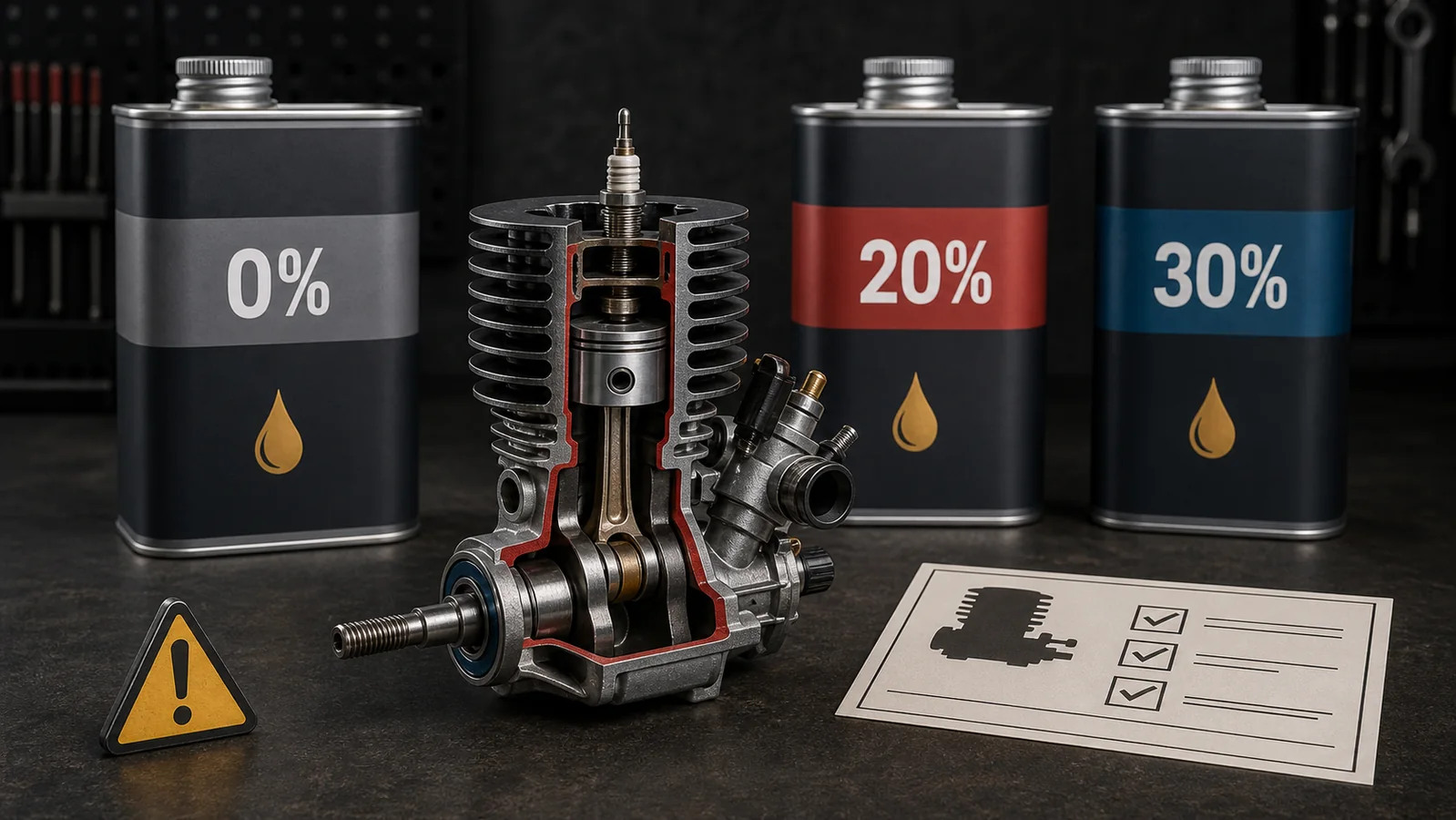 Cutaway nitro RC engine beside sealed 0%, 20% and 30% glow-fuel containers for a manual-based compatibility check