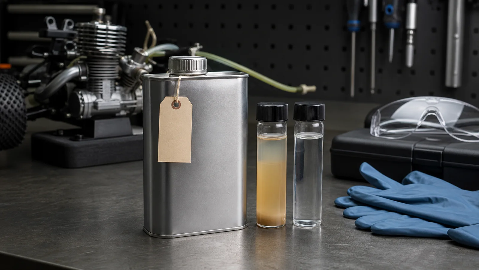 Sealed nitro fuel can beside clear fresh glow fuel and cloudy separated old fuel on an RC engine workbench