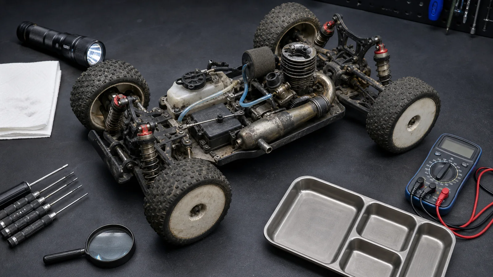 Used nitro RC buggy with engine, fuel system and radio gear exposed for inspection on a workshop bench