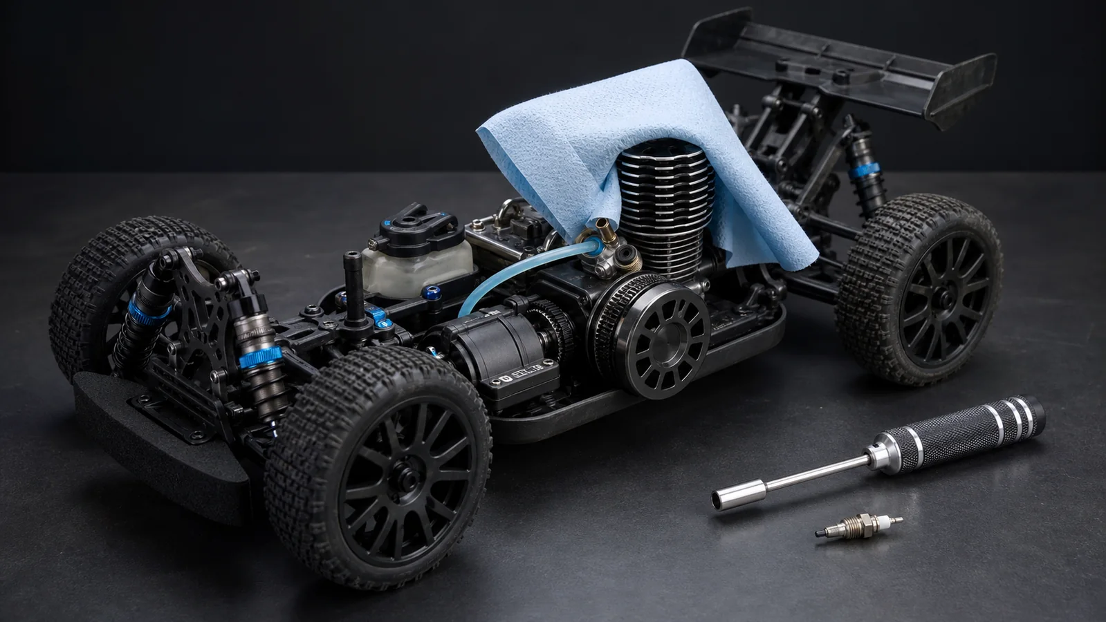 Flooded nitro RC engine prepared for safe clearing with glow plug, nut driver and absorbent towel on a workbench