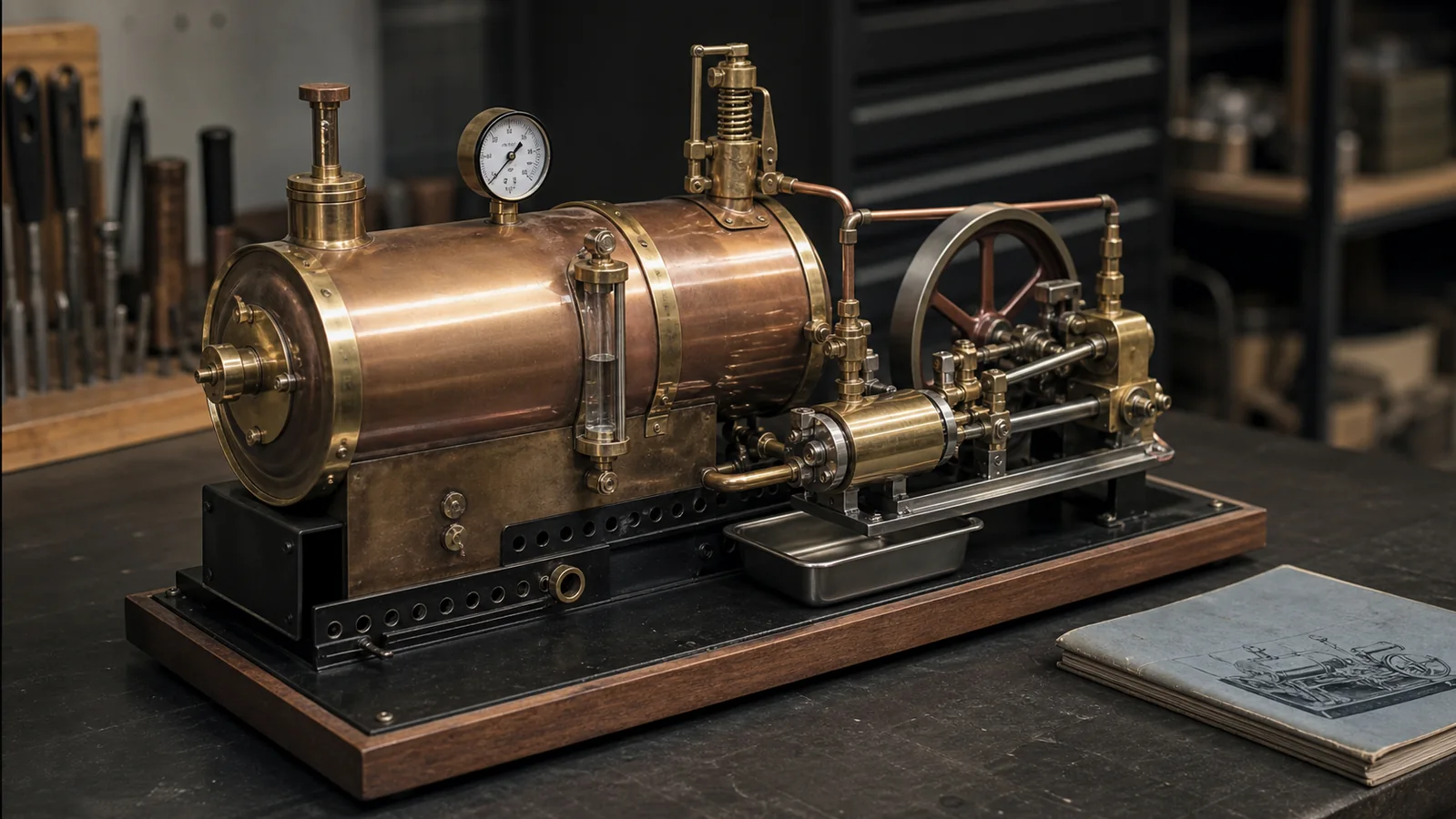 Model steam boiler with a visible water level in the sight glass, pressure gauge and safety valve on a workshop bench
