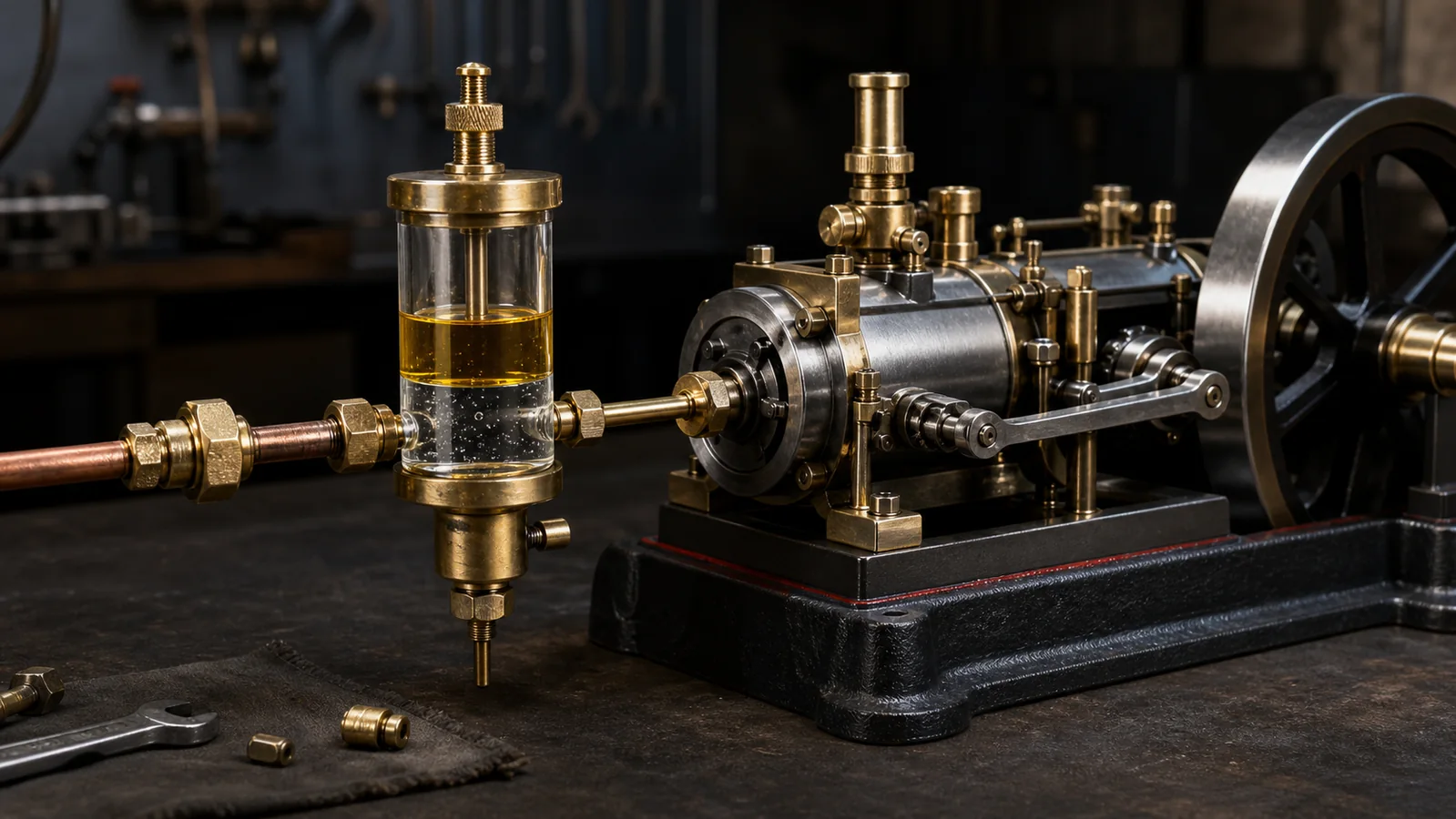 Model steam engine connected to a transparent displacement lubricator showing steam oil floating above condensed water