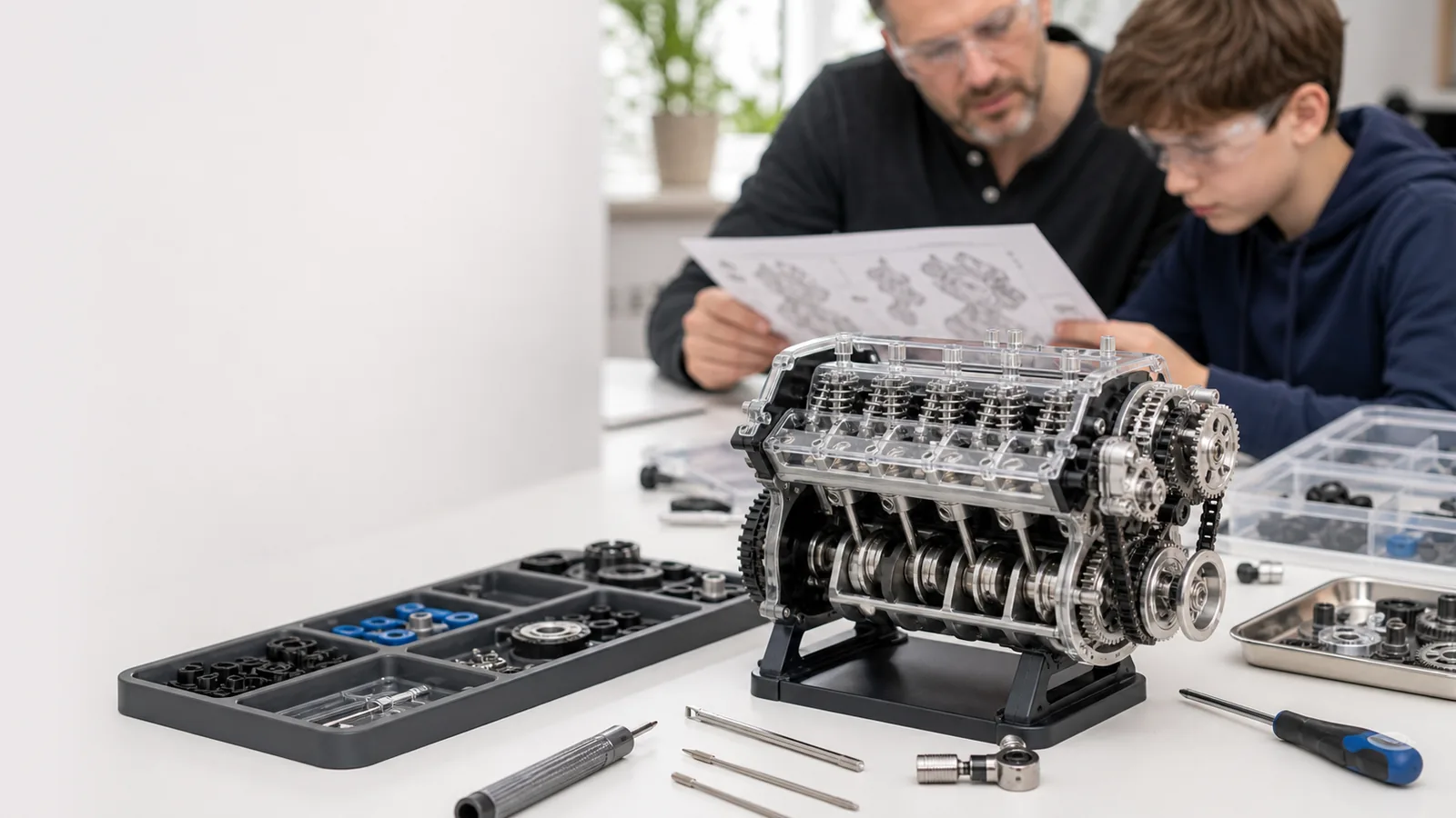 Adult supervising a teenager as they study an educational engine model and organized parts
