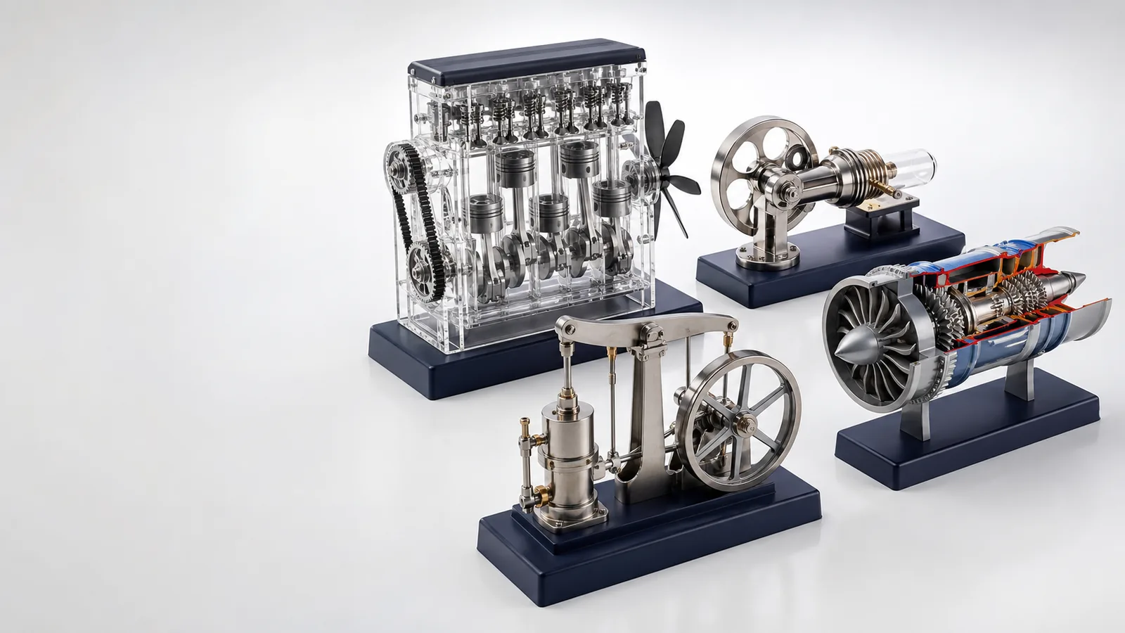 Comparison of unbranded piston, Stirling, steam and turbofan educational engine models