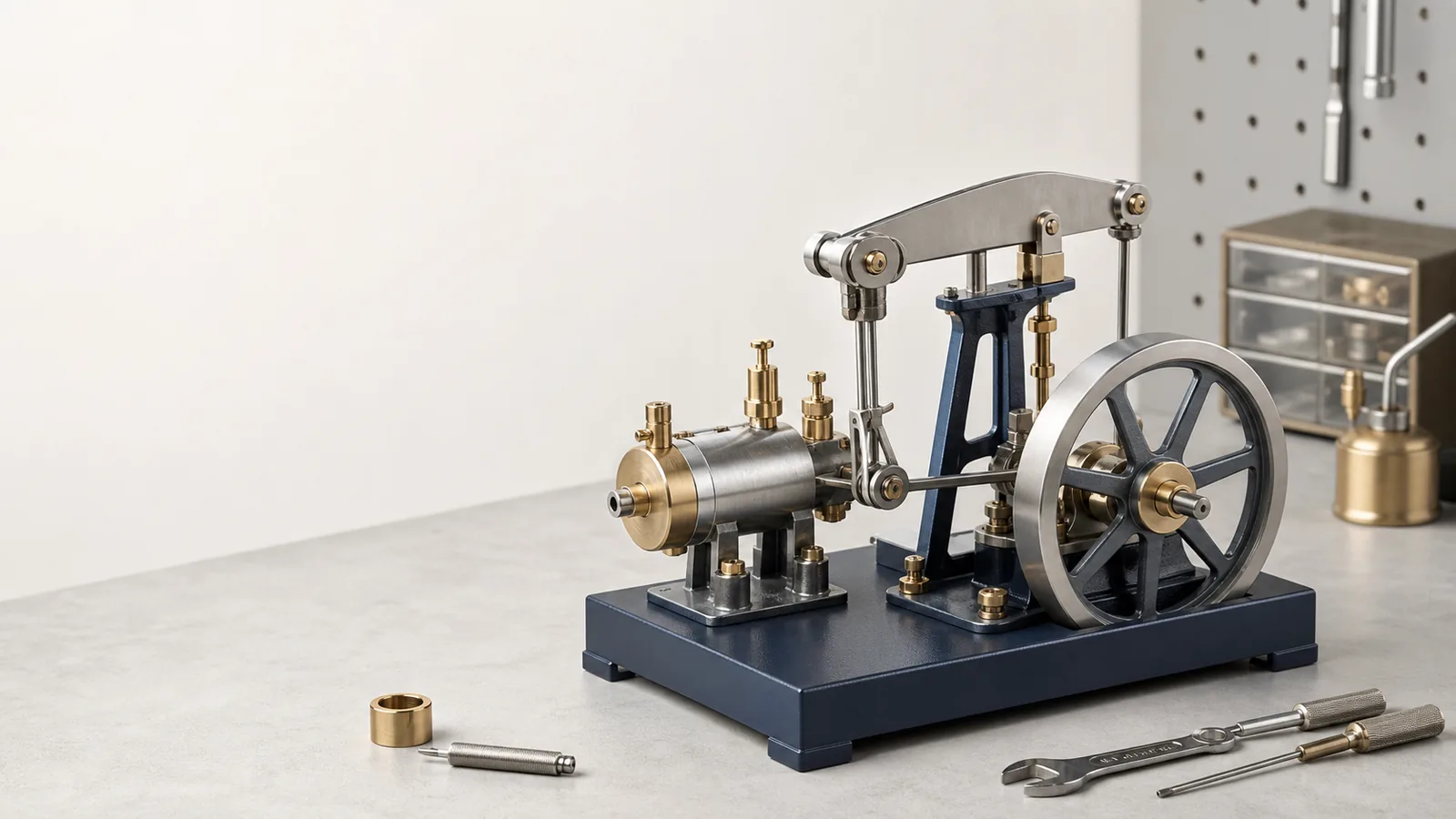 Unbranded beam-style model steam engine with flywheel, cylinder and assembly tools