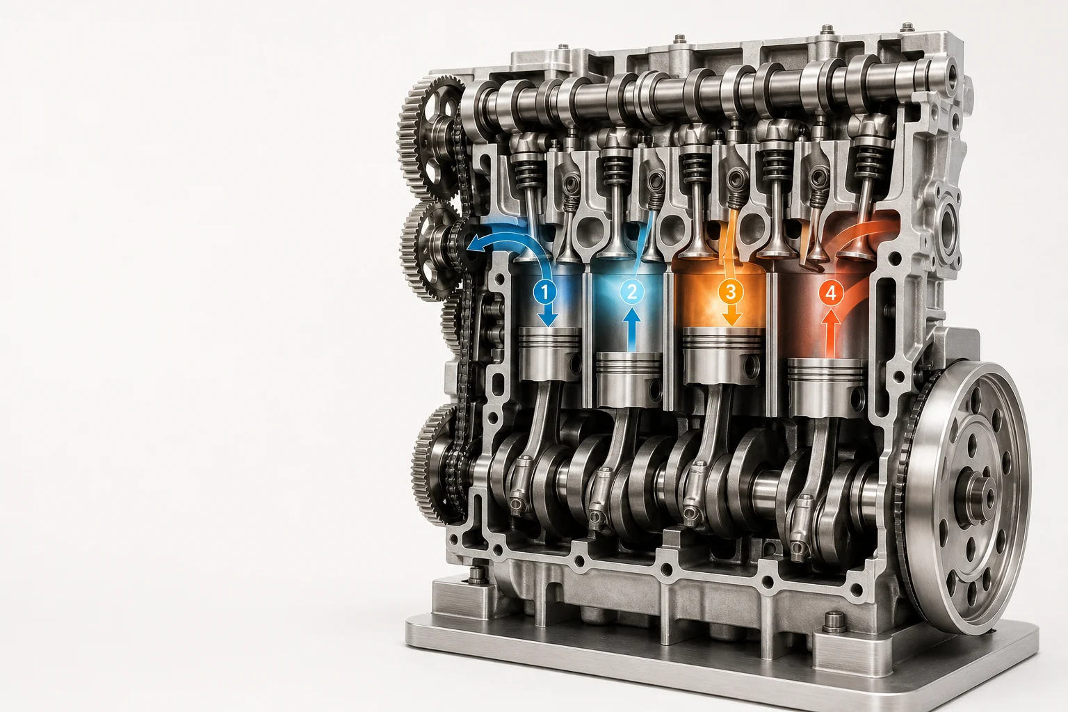 Cutaway miniature four-stroke engine showing pistons, valves, camshaft, timing gears and crankshaft