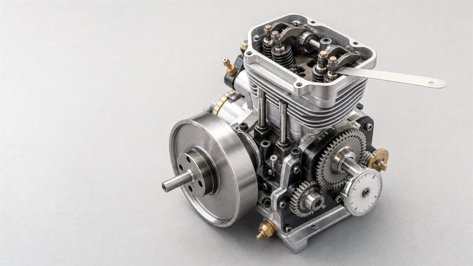 Miniature four-stroke model engine with exposed rocker arms, valve springs, timing gears and a feeler gauge