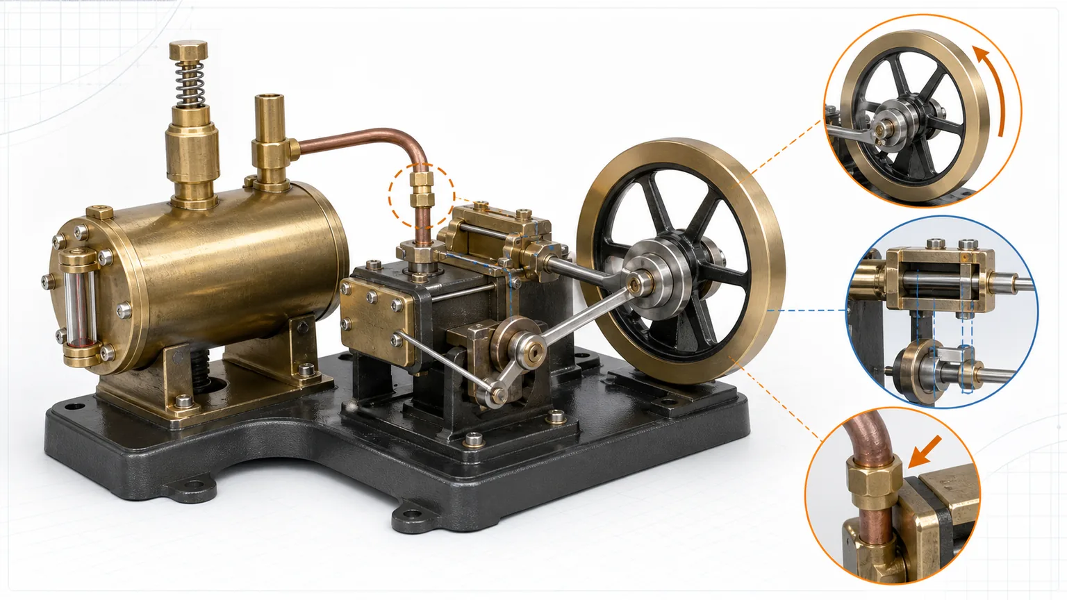 Tabletop model steam engine diagnostic view showing boiler, water gauge, safety valve, slide-valve cylinder, eccentric linkage and flywheel checks