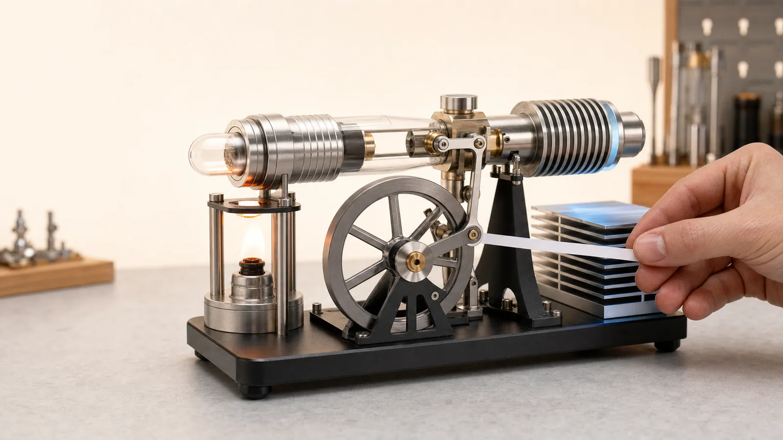 Gamma-type Stirling engine model on an engineering bench during a friction and temperature-difference diagnostic check