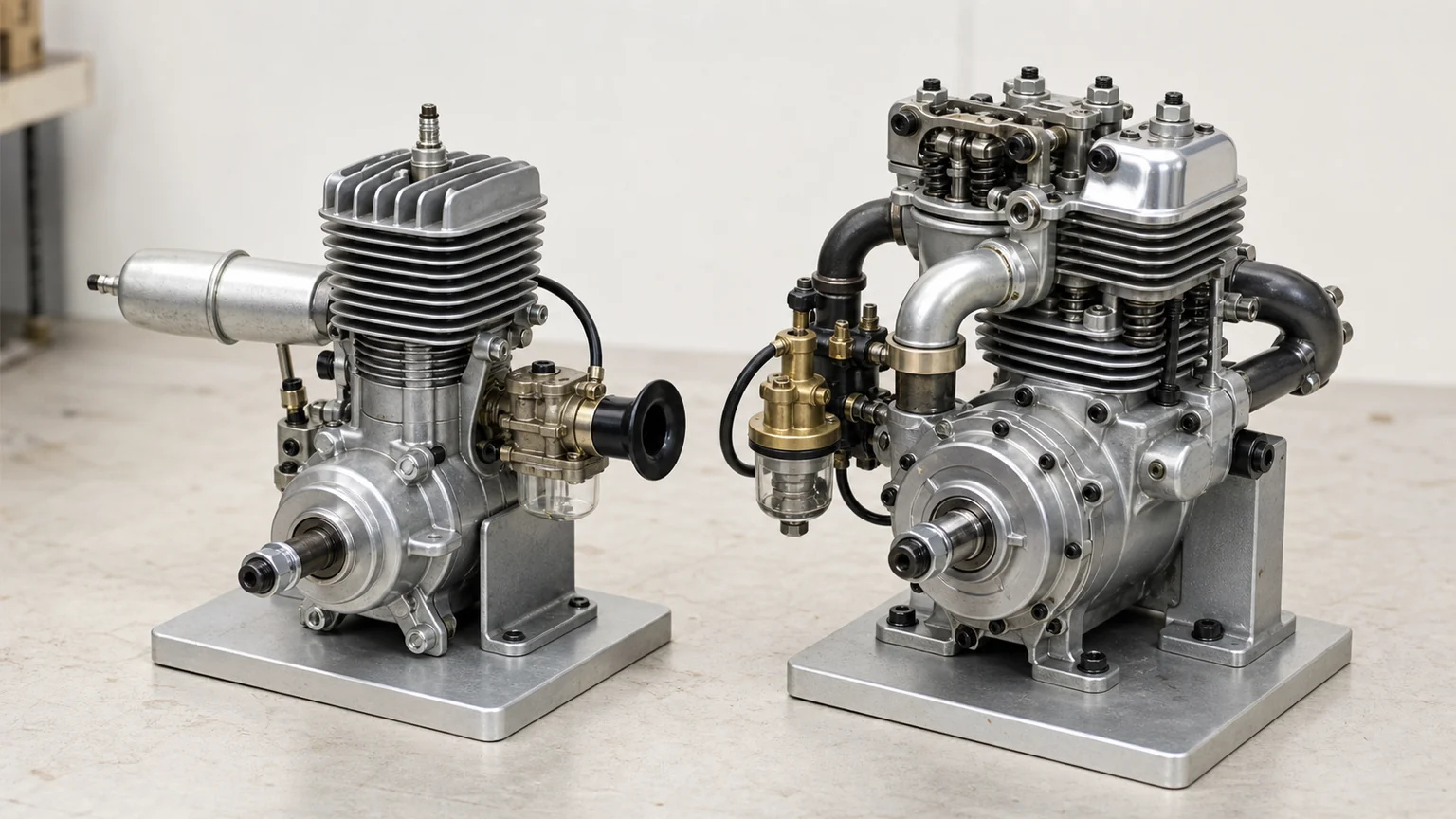 Two miniature model engines on display bases, with a compact two-stroke engine beside a valved four-stroke engine
