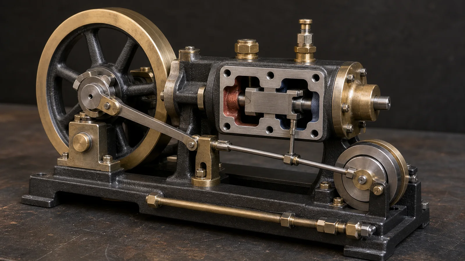 Cold model steam engine with the steam chest open to show the slide valve, eccentric rod and flywheel timing relationship