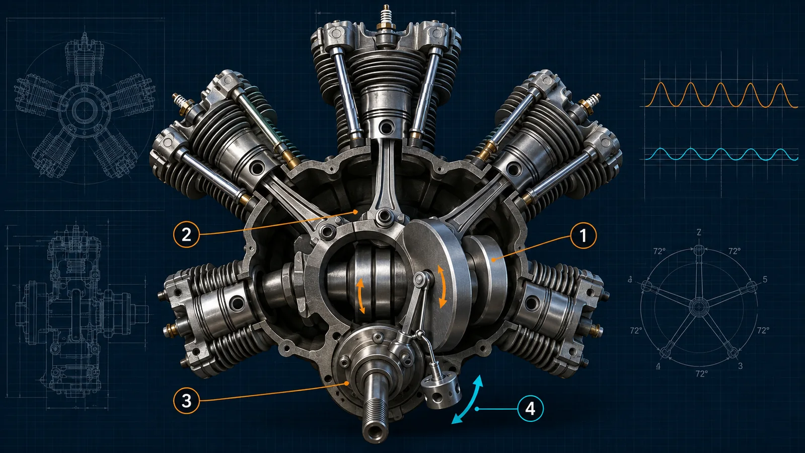 Cutaway five-cylinder radial engine showing its crankshaft counterweight, master rod and pendulum dynamic damper