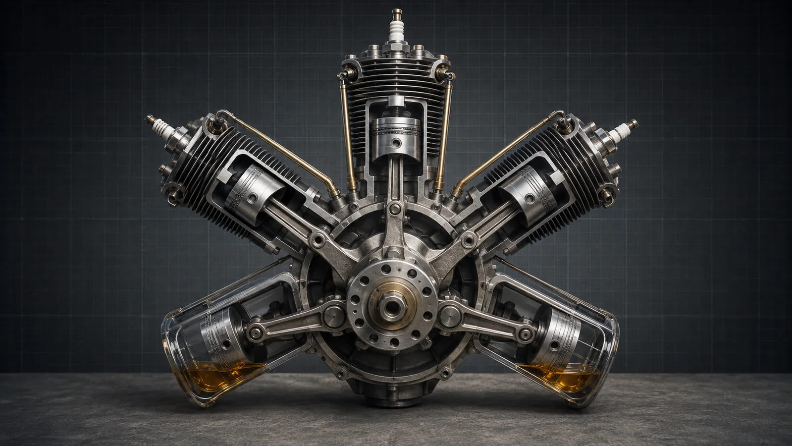 Cutaway five-cylinder radial engine showing lubricating oil pooled in the two lower cylinders