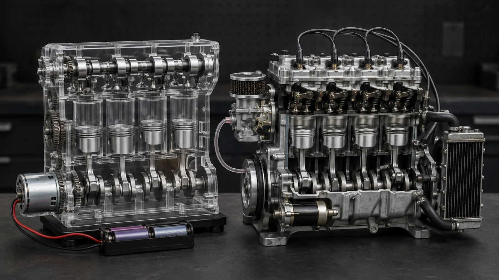 Motorized transparent four-cylinder model beside a miniature gasoline inline-four with ignition and cooling systems