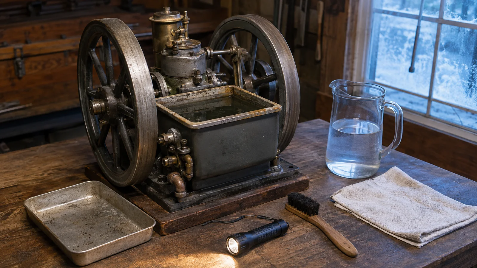 Cold hit-and-miss model engine with open water hopper, drain pan, and inspection tools on a workshop bench