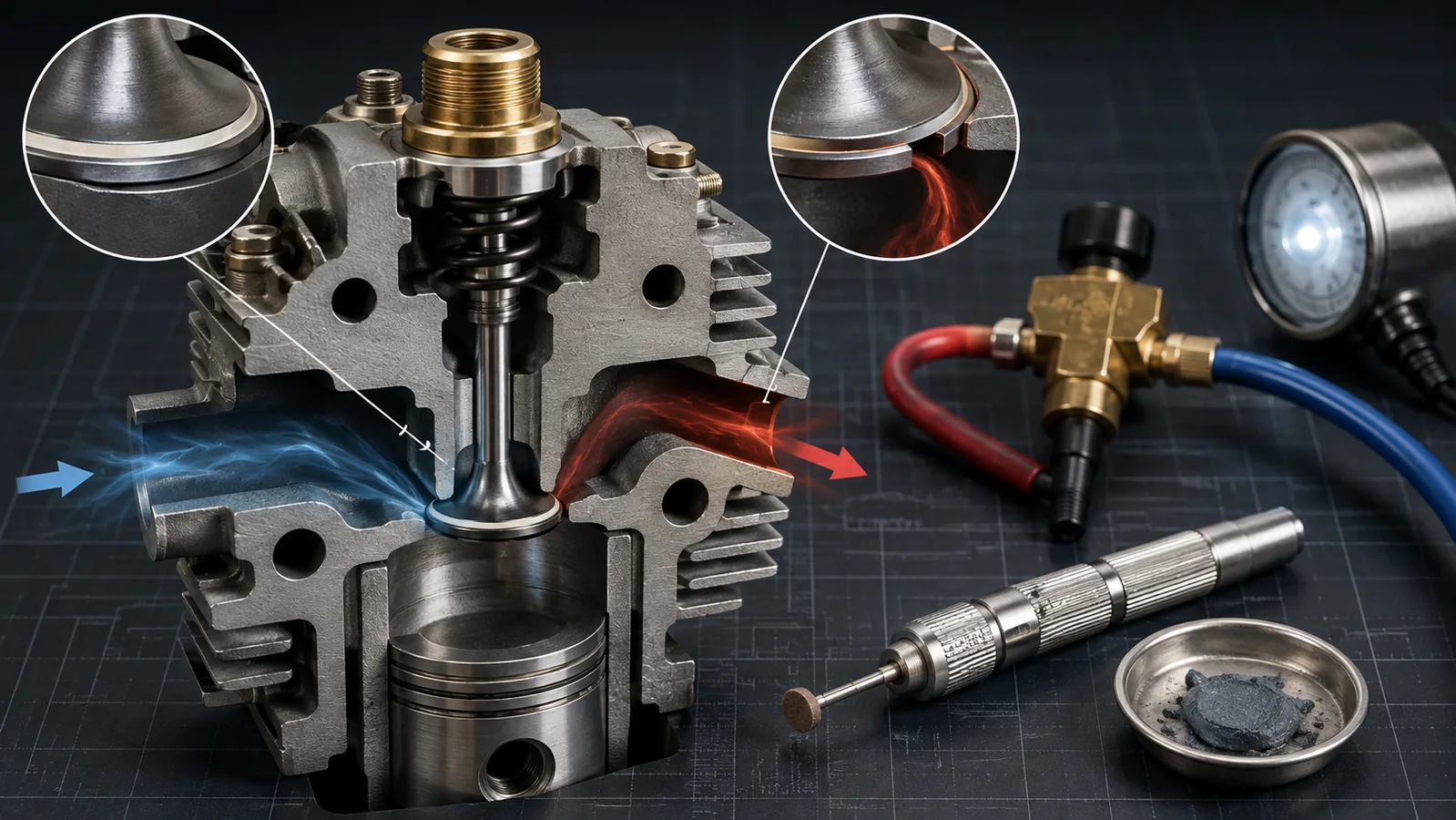 Cutaway miniature four-stroke model engine showing valve-seat leak diagnosis and careful hand lapping tools