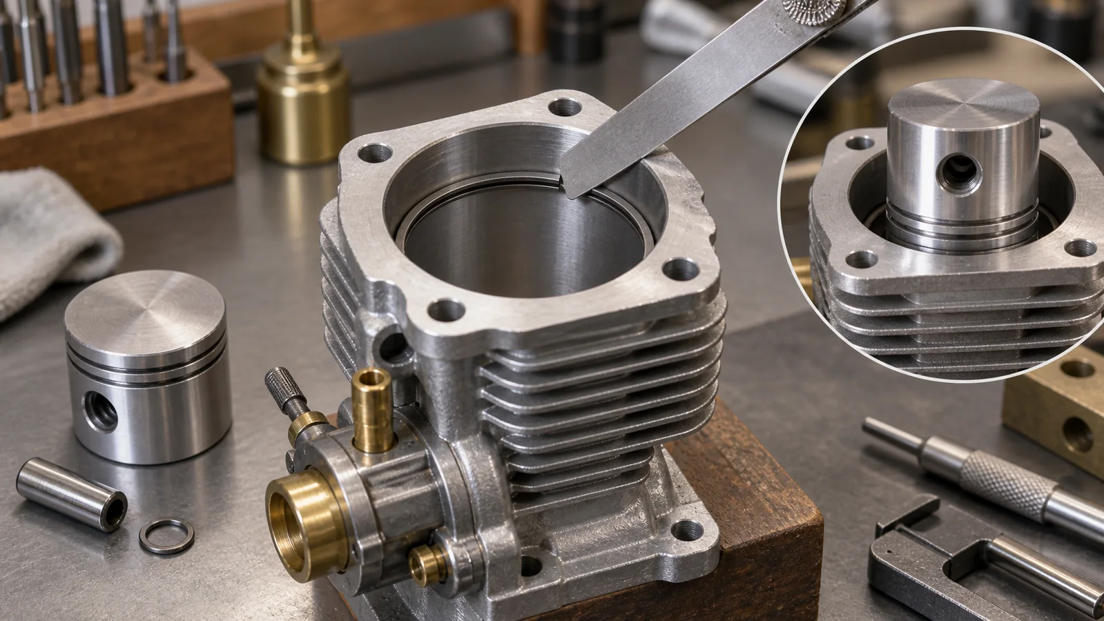 Miniature model engine cylinder with a squared piston ring and feeler gauge measuring the end gap