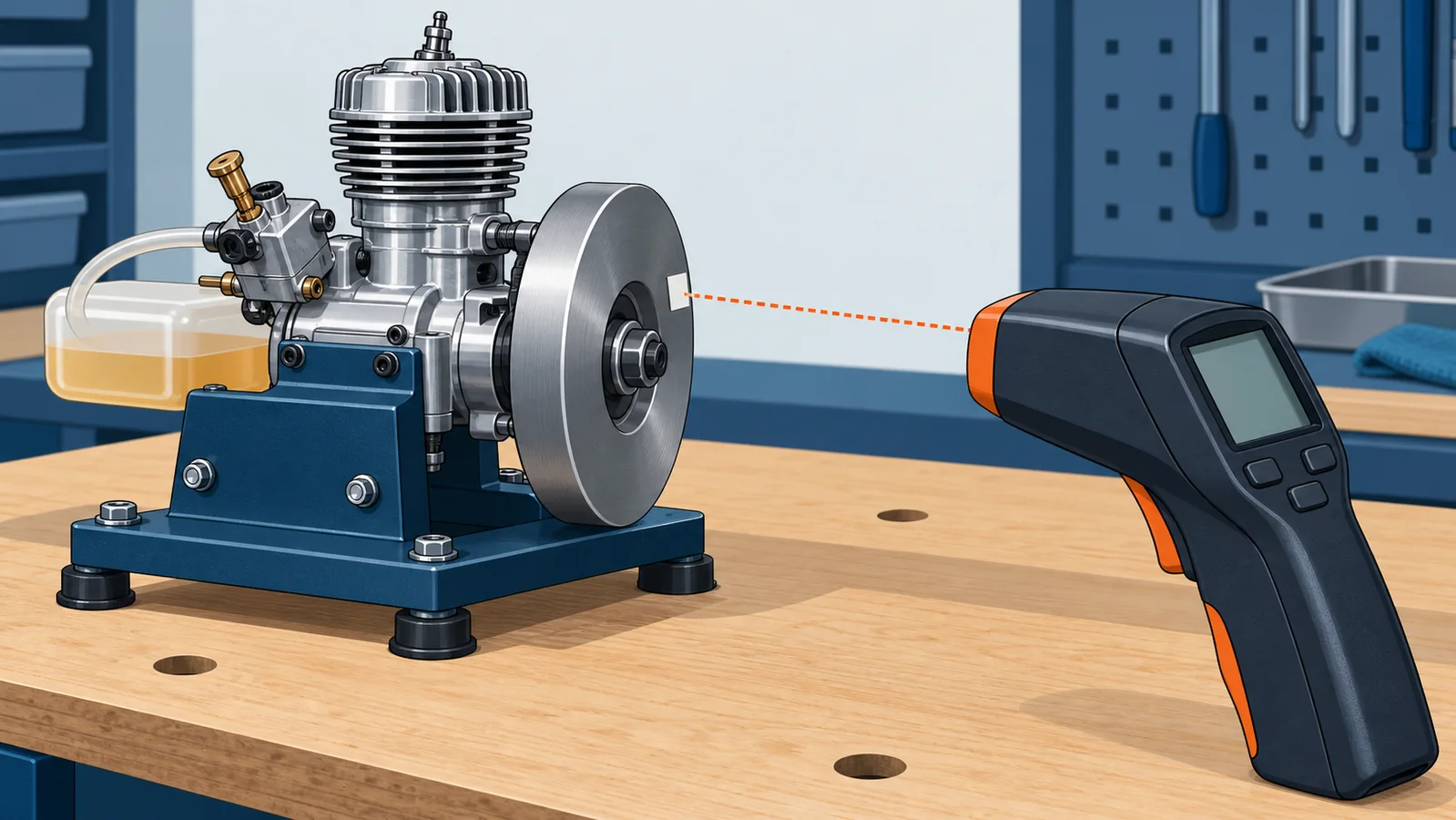 Illustration of a stopped miniature model engine on a secured test stand, with one reflective marker on its flywheel and a non-contact tachometer aimed from a safe offset