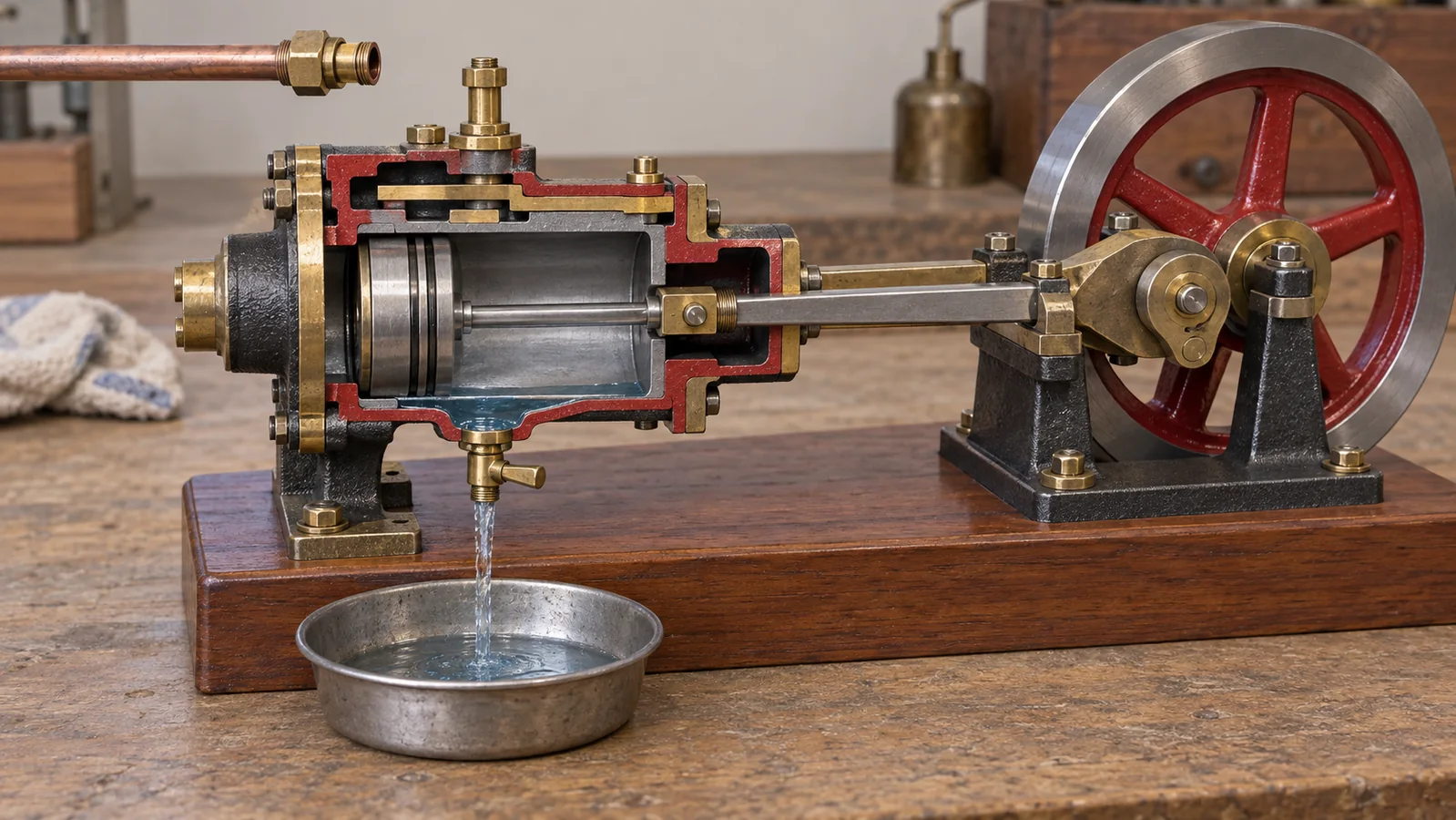 Cutaway illustration of a model steam engine cylinder fitted with a drain cock, showing condensate leading to a collection tray