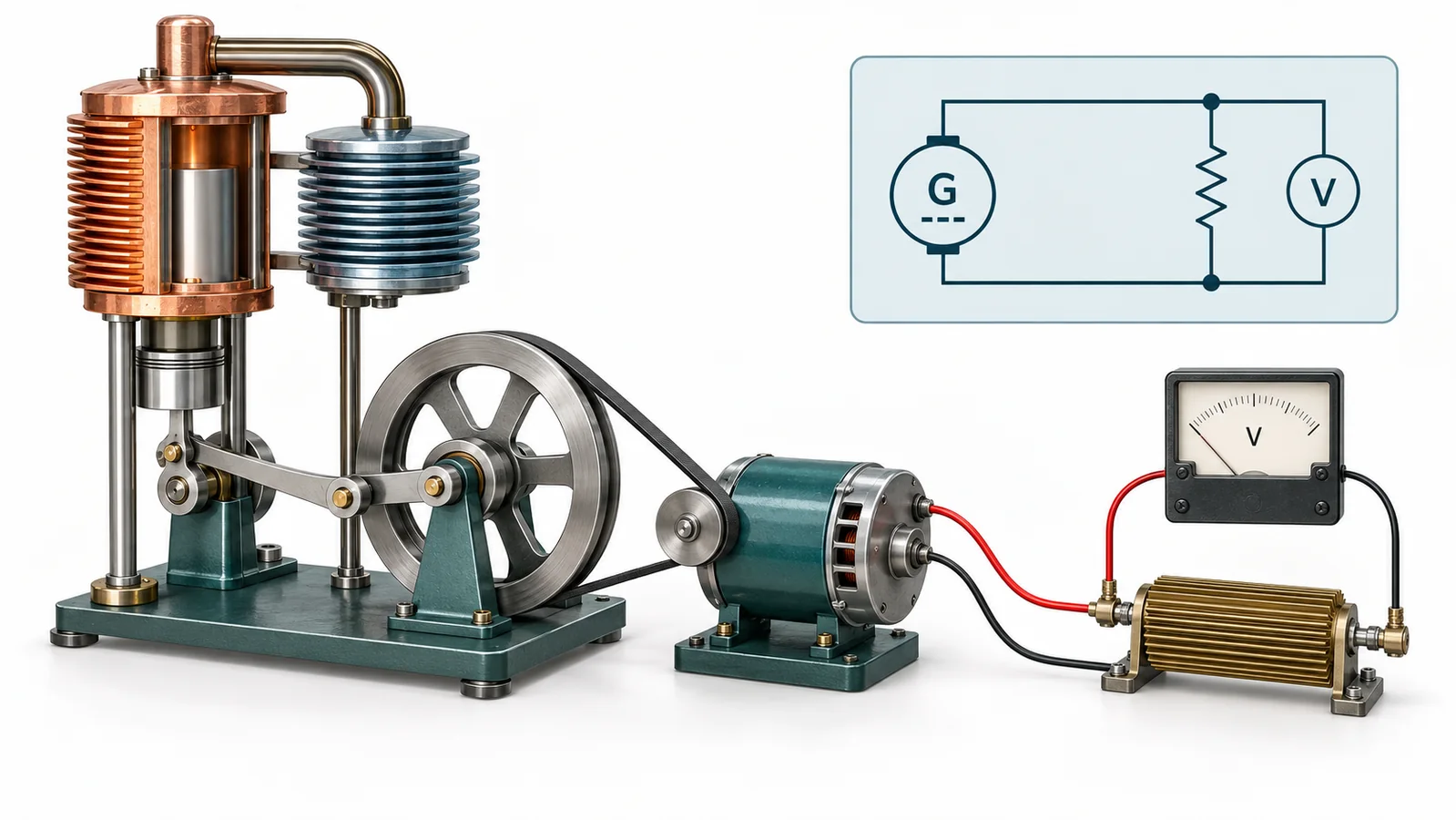 Conceptual Stirling engine generator linked to a voltmeter and resistor load