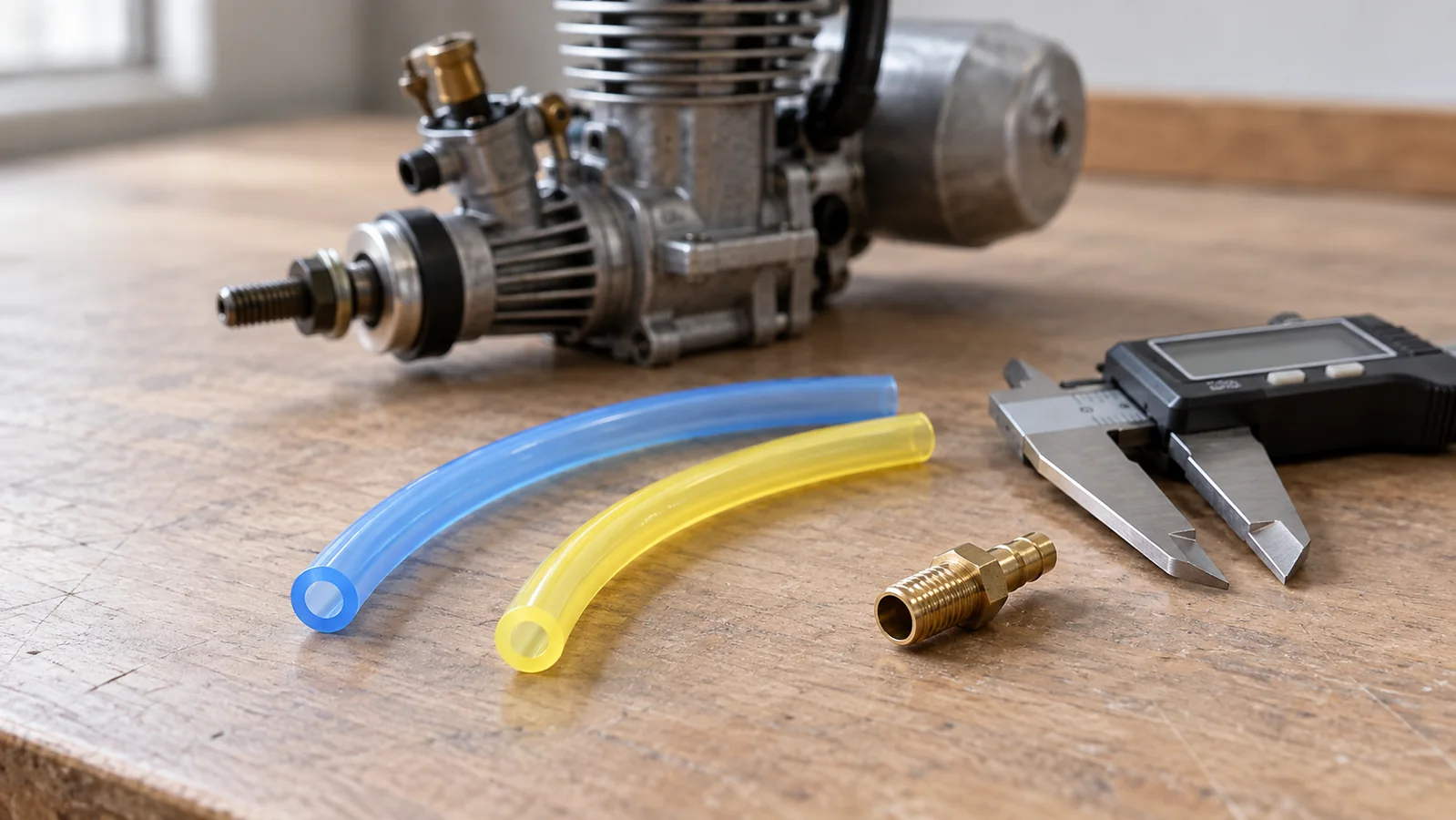 Loose blue and yellow fuel tubing samples with a caliper and brass barb beside a non-running model engine