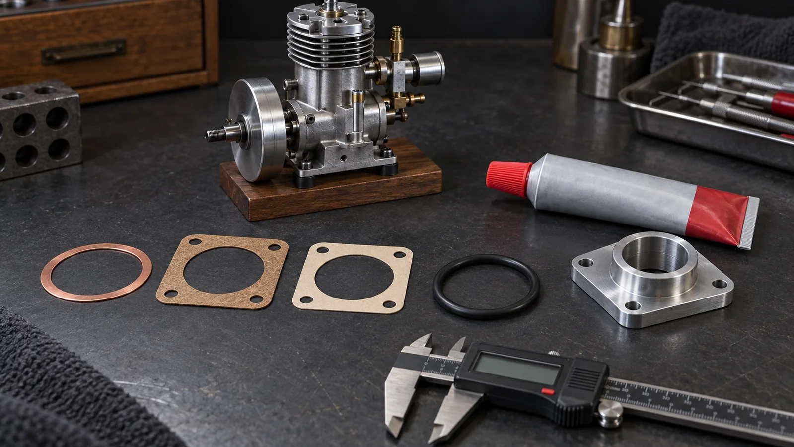 Paper, fiber and copper gaskets, an O-ring and capped sealant tube beside a stopped model engine