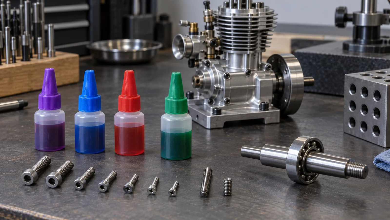 Purple, blue and red threadlocker bottles beside model engine fasteners and a green retaining-compound bottle with a bearing shaft