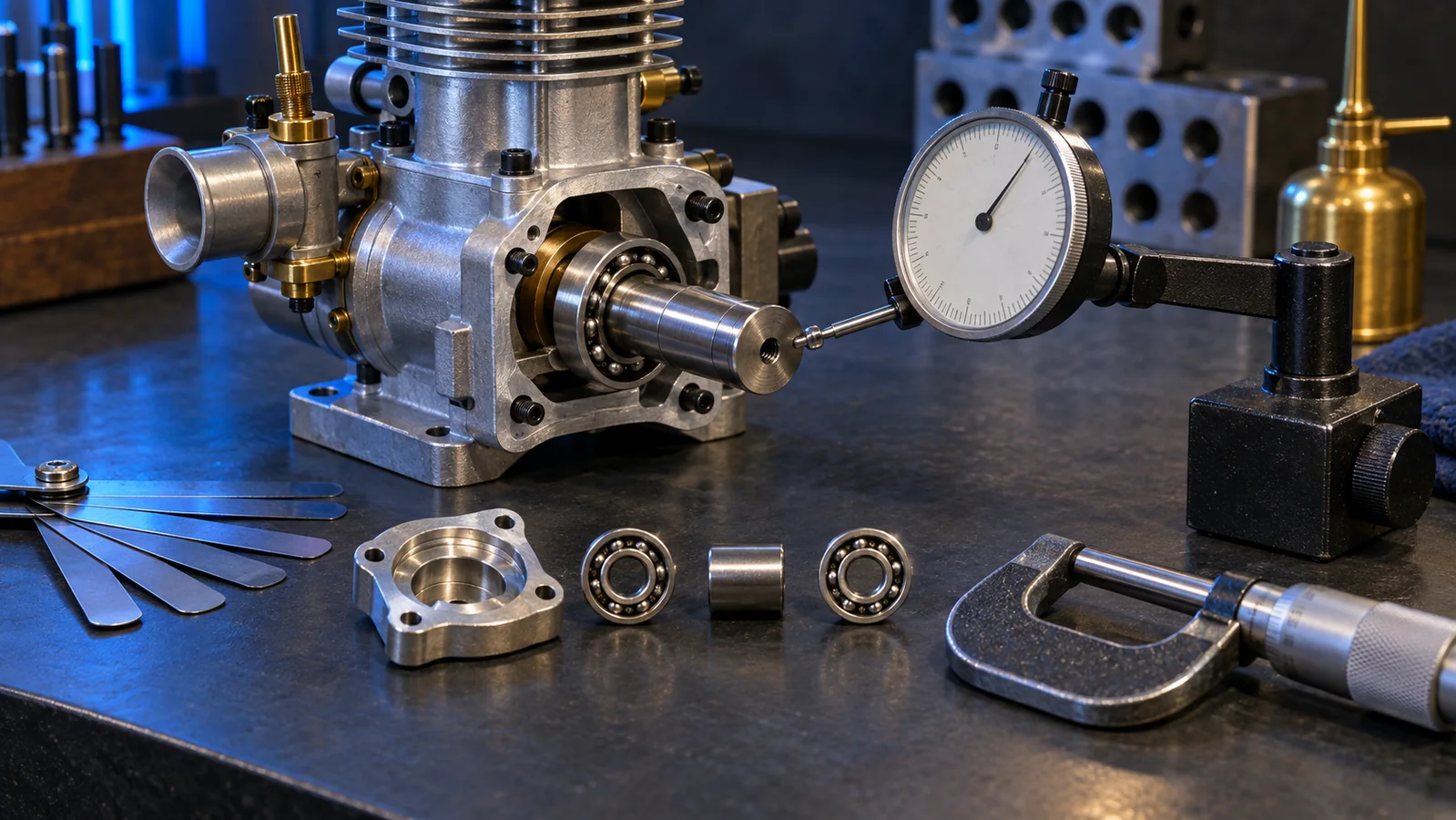 Dial indicator measuring crankshaft endplay on a miniature model engine beside precision bearings and a micrometer