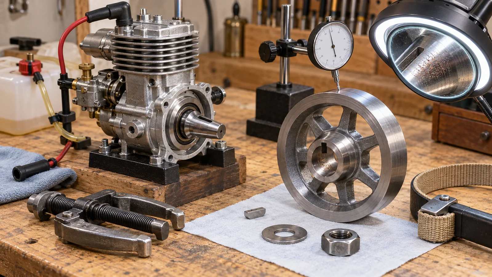 Miniature model engine with removed flywheel, tapered crankshaft, Woodruff key, puller and dial indicator for runout inspection