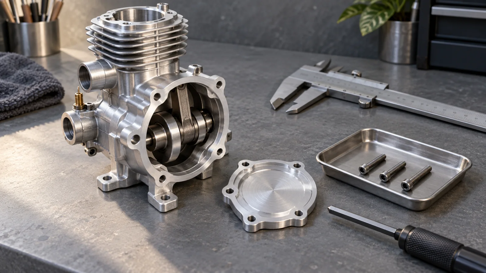 Conceptual miniature aluminum engine housing with removed cover, three socket-head screws, caliper and hex driver