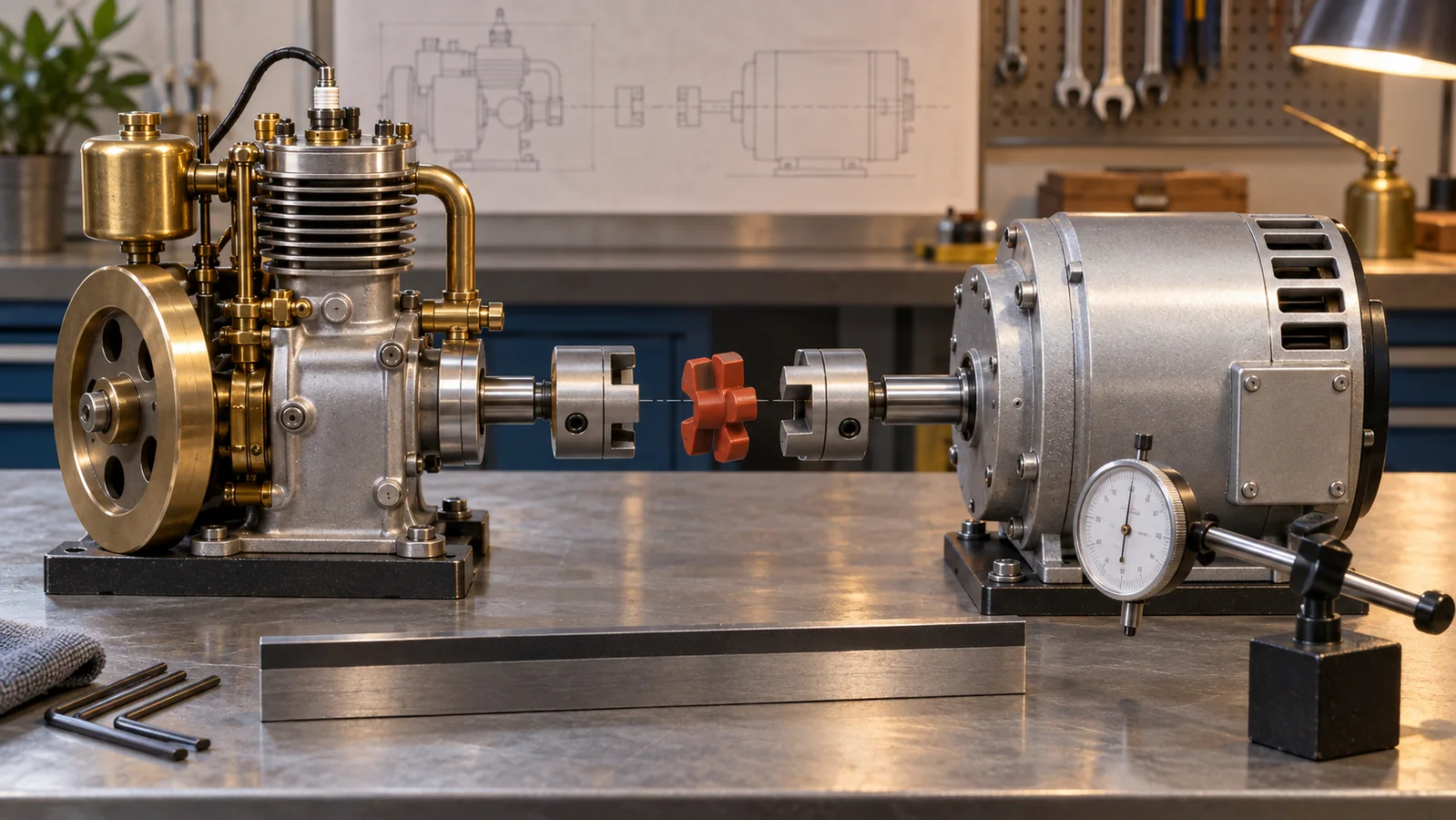 Conceptual stationary miniature engine and generator with separated jaw coupling, straightedge and dial indicator