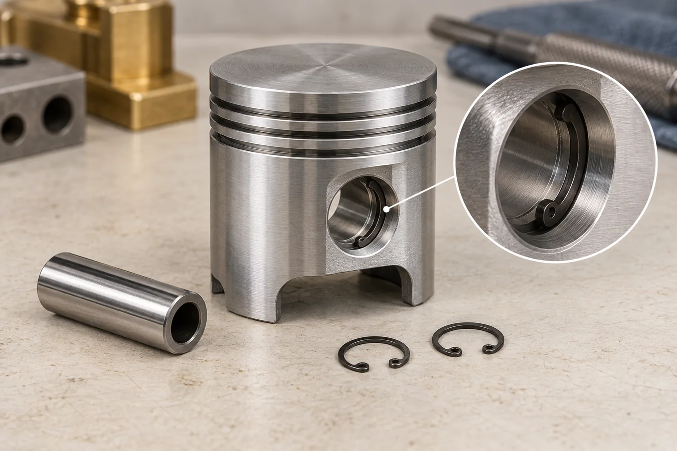 Conceptual model engine piston, wrist pin and retaining circlips with an enlarged seated-groove detail