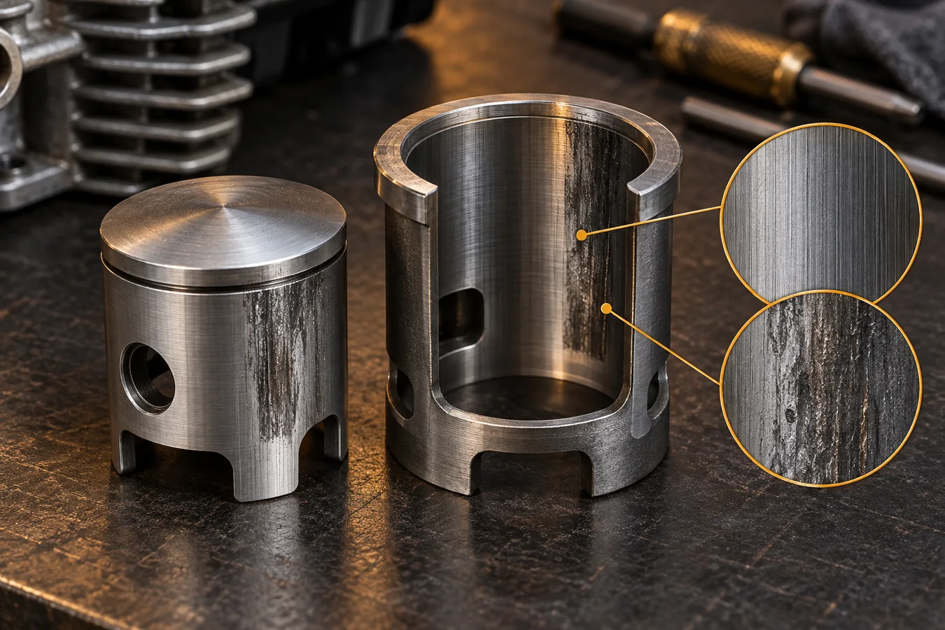 Conceptual nitro RC piston and cylinder sleeve with localized vertical scuffing and magnified smooth-versus-damaged surfaces