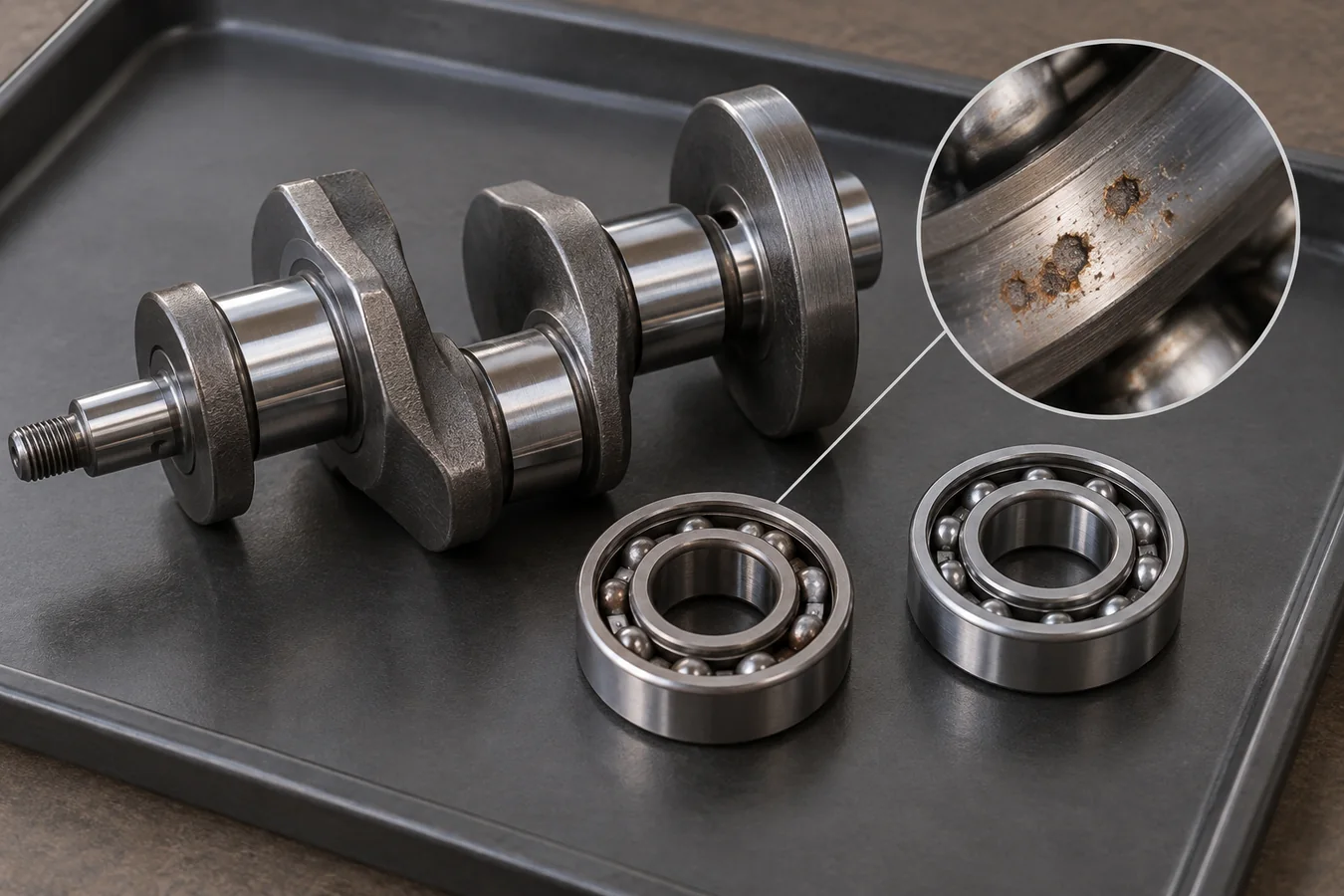 Conceptual miniature crankshaft bearing with localized rust beside a clean bearing and a magnified pitted raceway