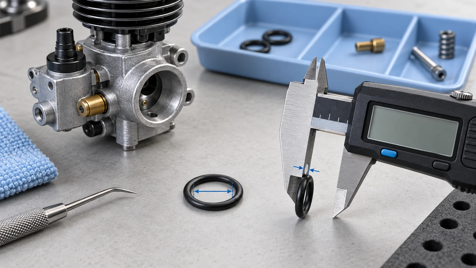 Conceptual model-engine O-ring inspection with a loose seal, caliper and unbranded carburetor on a clean bench