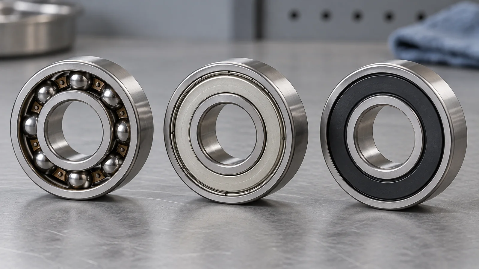 Conceptual comparison of open, metal-shielded and elastomer-sealed miniature ball bearings on a workshop bench