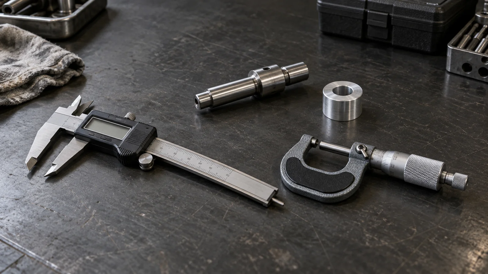 Conceptual workshop still life of a caliper and outside micrometer beside a shaft and spacer